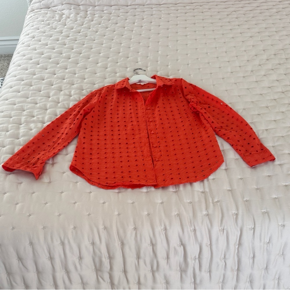 Adiva Coral Eyelet Embroidered Blouse Cotton Button Front Top Women M